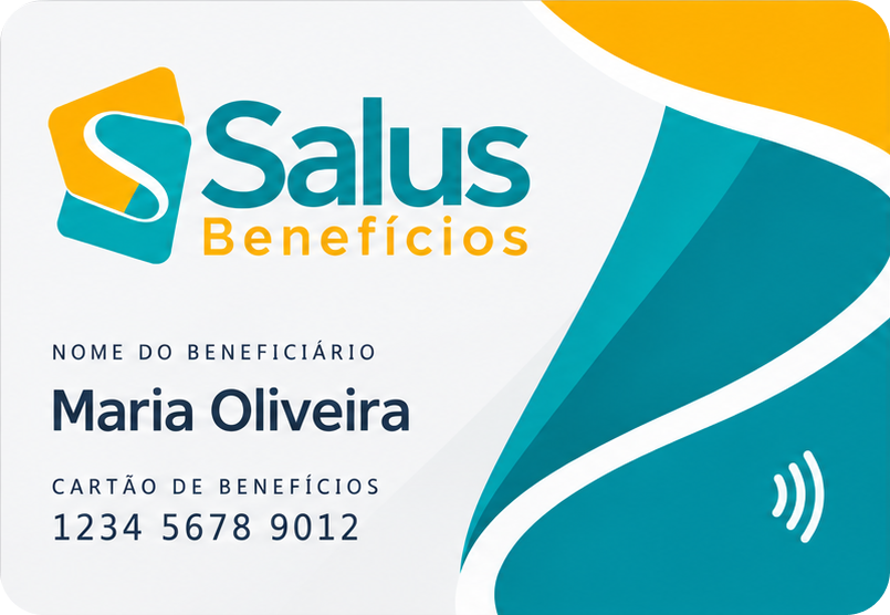 Cartão físico Salus Benefícios com nome e número do beneficiário