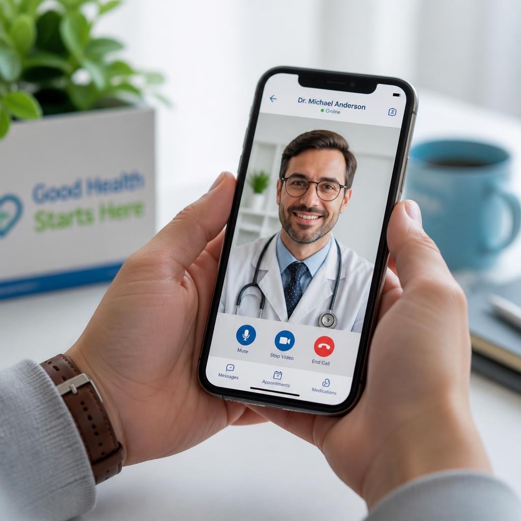 Pessoa segurando o celular em consulta por vídeo com um médico
