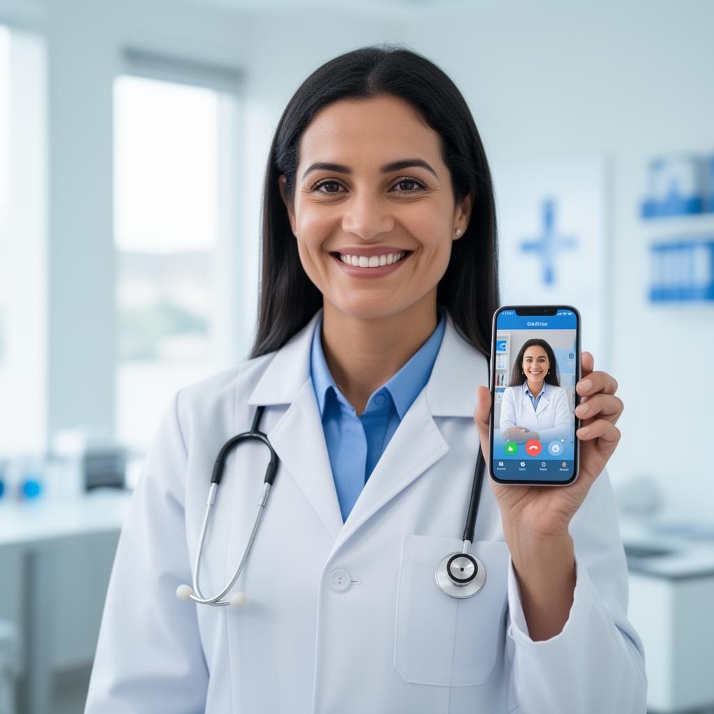 Médica sorrindo segurando um celular com consulta por vídeo